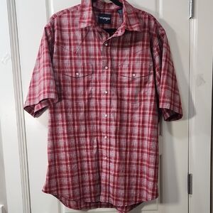 Wrangler Men's Red and White Plaid Snap Button Short Sleeve Shirt - XL